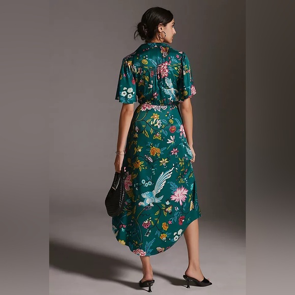 Anthropologie Dresses & Skirts - Anthropologie Maeve Green Floral Button Front Shirt Dress Size 8